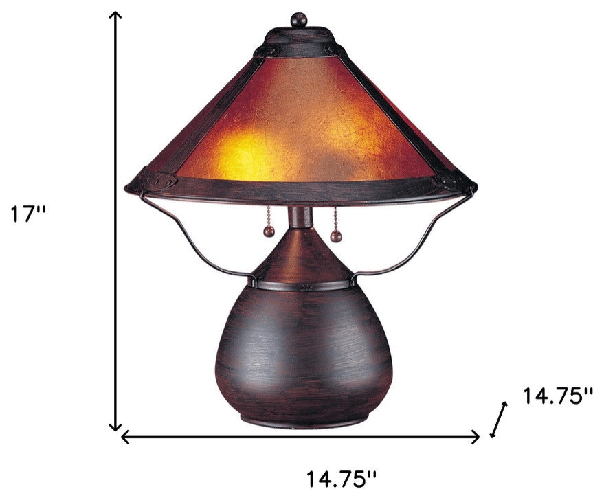 17" Rust Metal Two Light Table Lamp With Amber Empire Shade