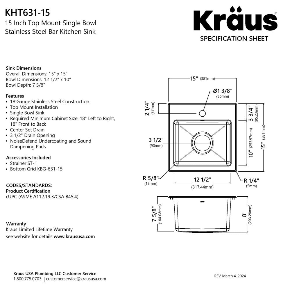 KRAUS Fairlane 15" Drop, / Top Mount 1-Bowl Stainless Steel Kitchen Sink
