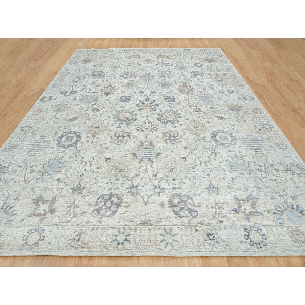 Ivory Silk With Wool Hand Knotted Tebraz Vase Design Oriental Rug, 12'x15'5"