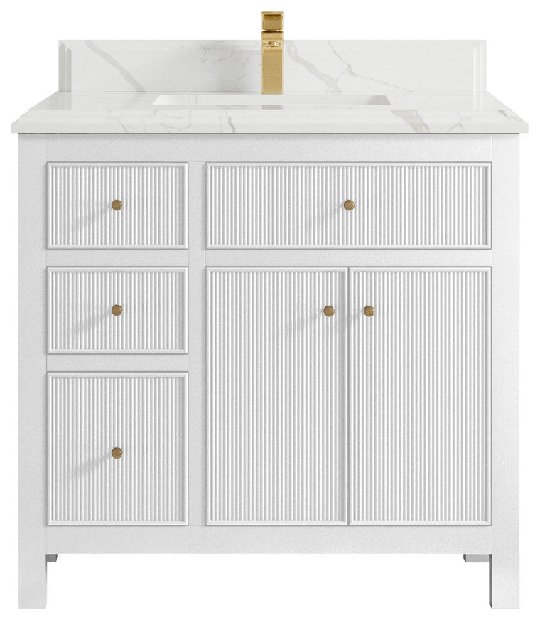 Sonoma 36 Center Sink Reeded Bath Vanity in White 1.5" Calacatta Laza
