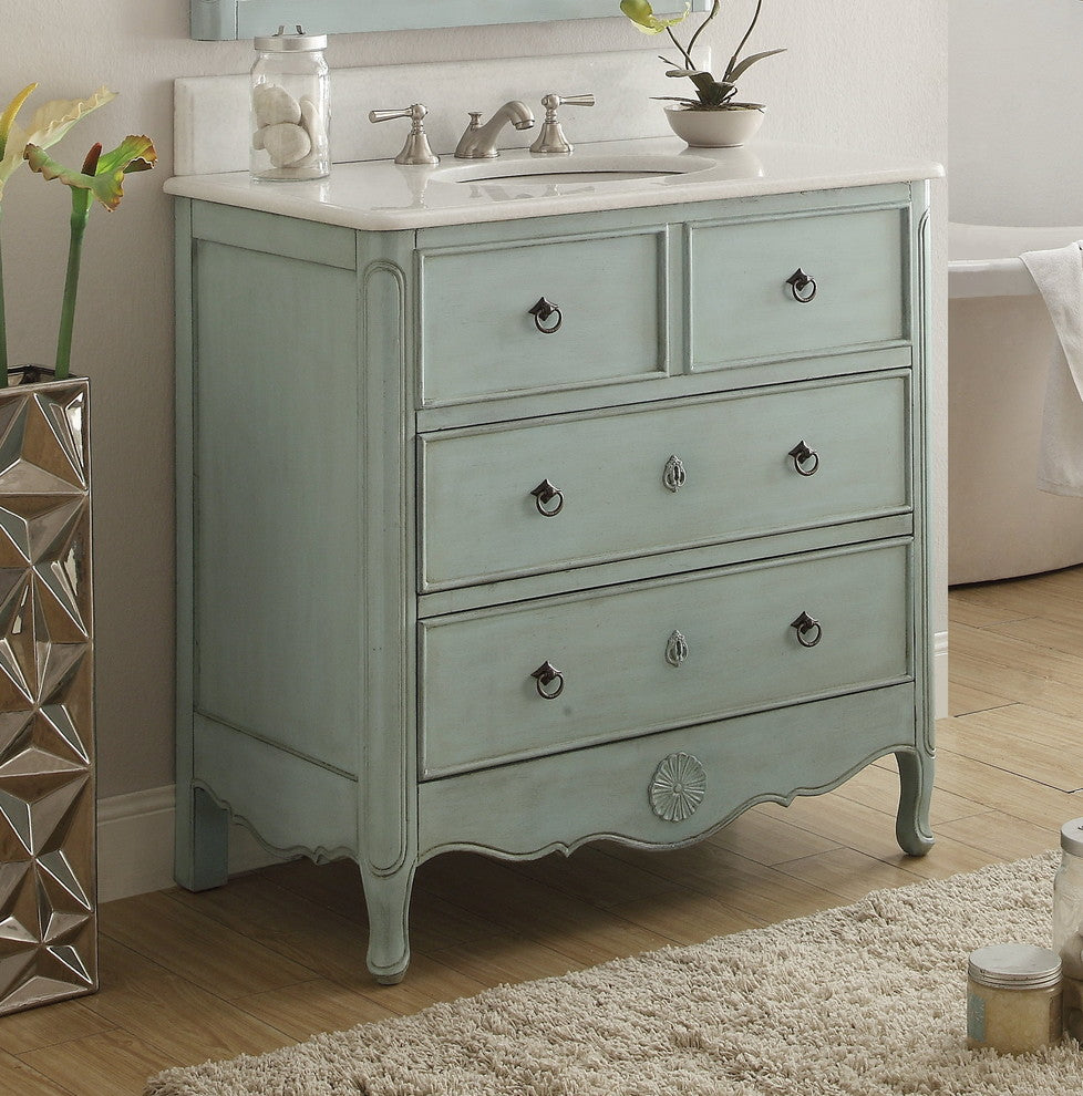 34 Inch Distressed Light Blue Daleville Cottage Style Bathroom Sink Vanity, With Backsplash