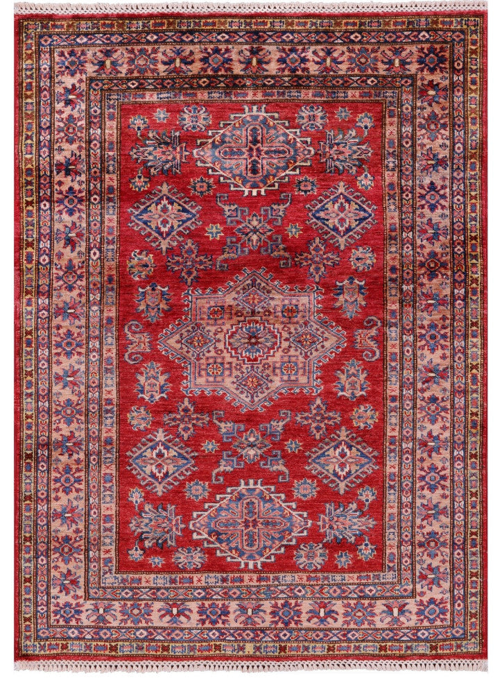Geometric Super Kazak Hand-Knotted Wool Rug 4' 2" X 5' 6" Q10263
