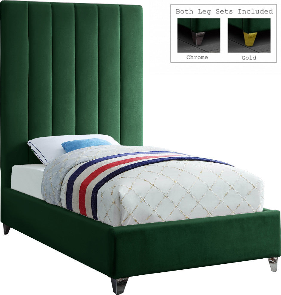 Via Velvet Upholstered Bed, Green, Twin