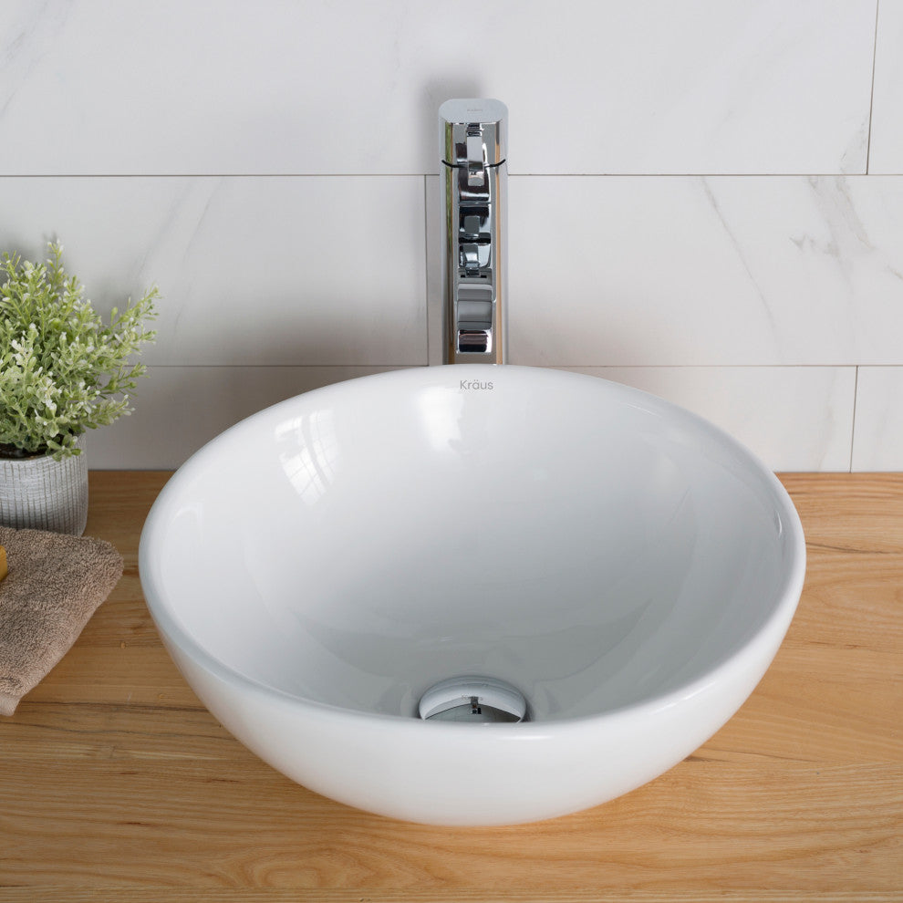 Elavo Round Ceramic Vessel Sink, Bathroom Ramus Faucet, PU Drain, Chrome