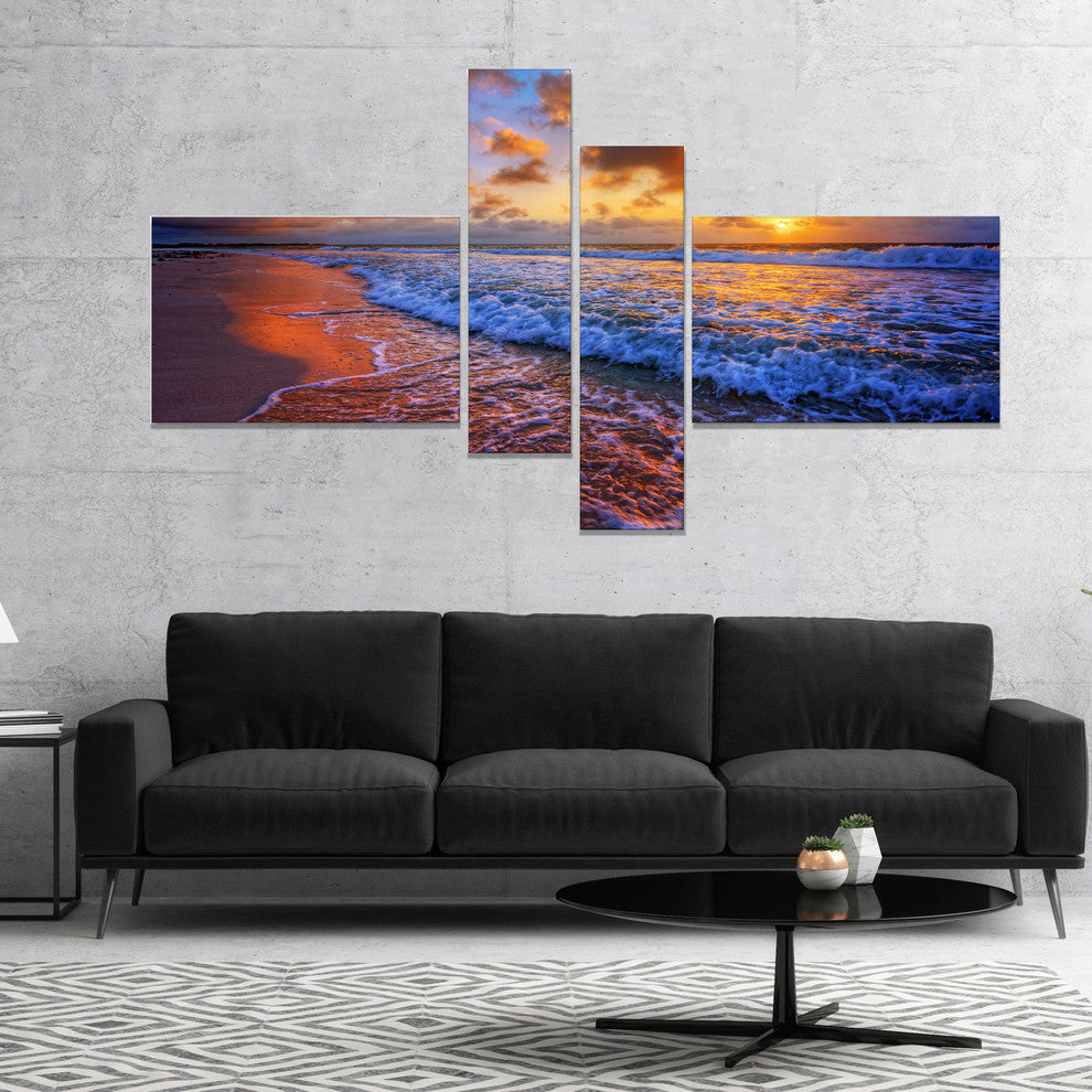 Beautiful Waves under Cloudy Sky, Seashore Canvas Art Print, 60"x32", 4 panels