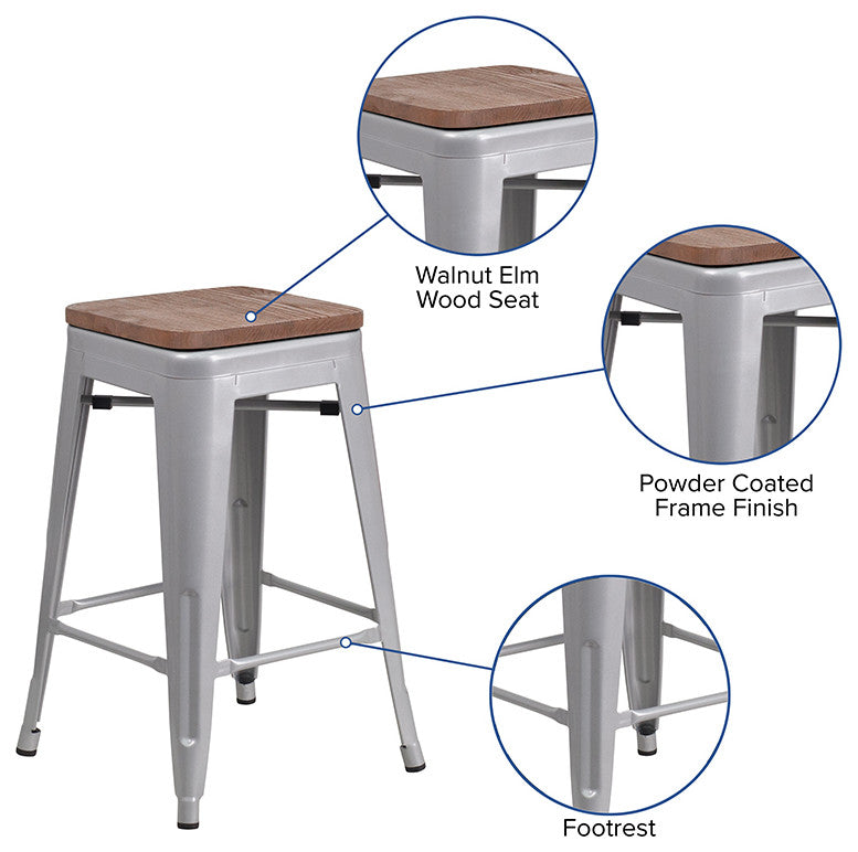 24" High Backless Silver Metal Counter Height Stool With Square Wood Seat