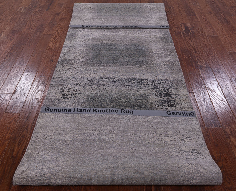 3' 11" X 12' 2" Runner Wool and Silk Hand Knotted Modern Rug Q9087