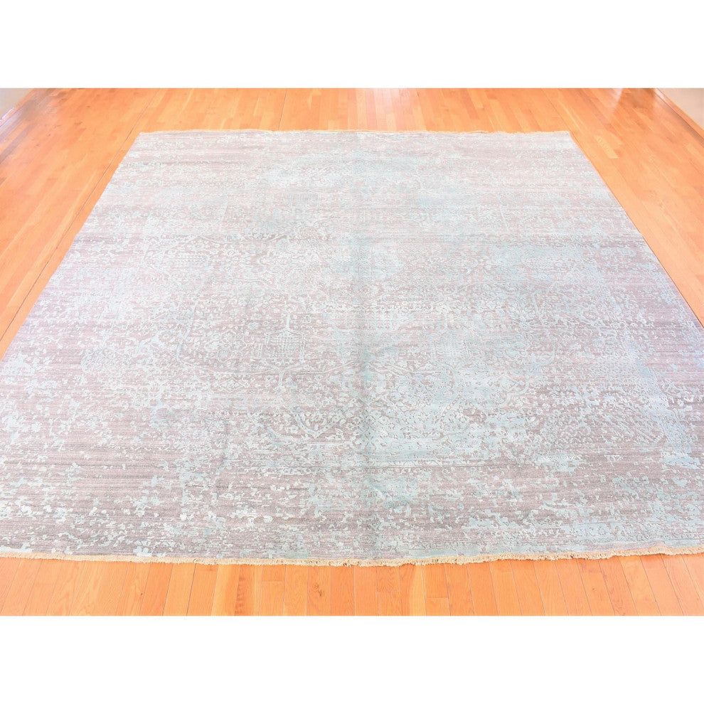 Silver Broken Persian Design Hand Knotted Wool and Silk Square Rug, 12'0"x12'0"