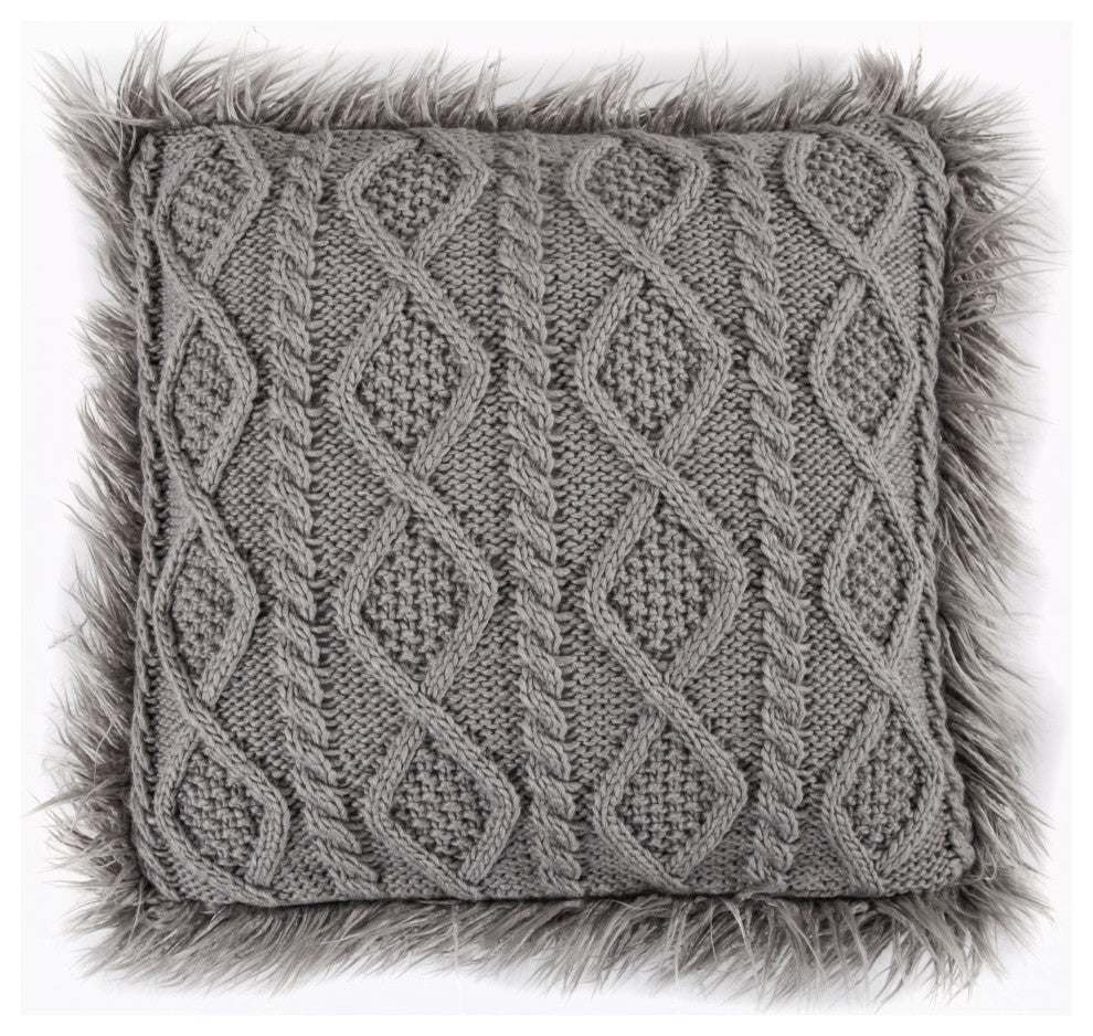 Cable Knit Mongolian Fur Throw Pillow, 18"x18", 1 Piece, Gray