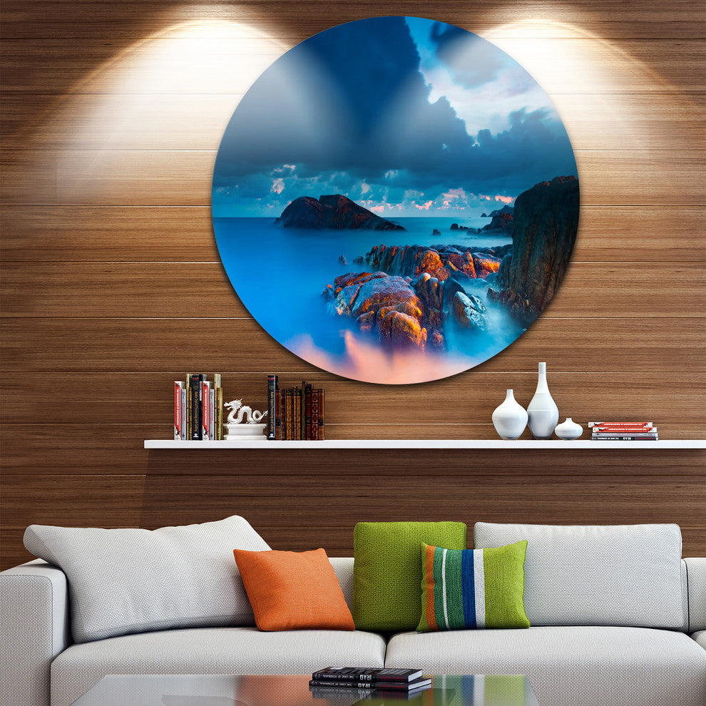 Rocky Sea With Long Exposure, Seashore Photo Disc Metal Wall Art, 11"