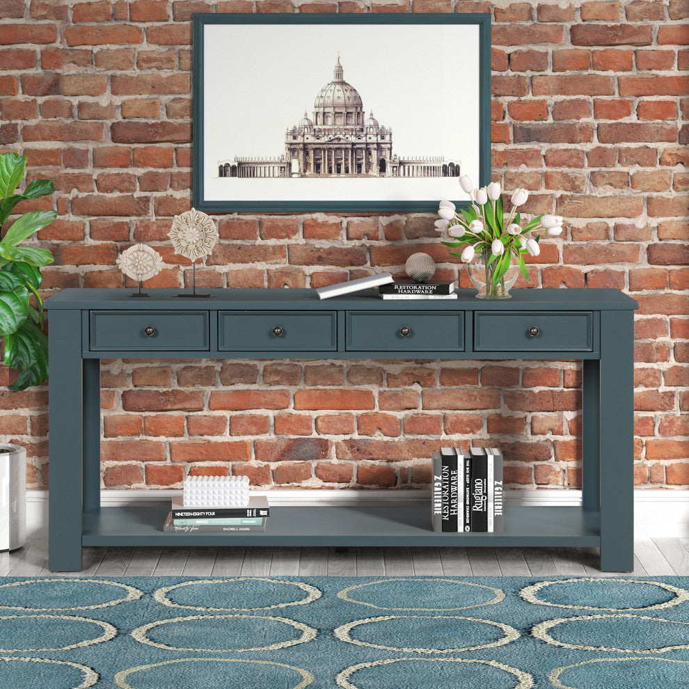 TATEUS Solid Pine Wood Console Table Entryway table with Drawers and Shelves, Blue