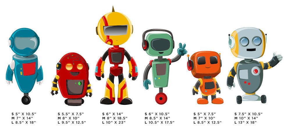 Robot Fabric Wall Decals, Set of 6 Cute Robots, Size Small