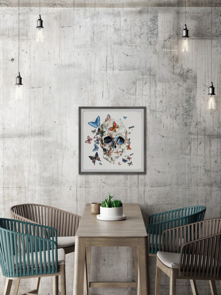 "Happy Butterfly Skull" Framed Painting Print, 18"x18"