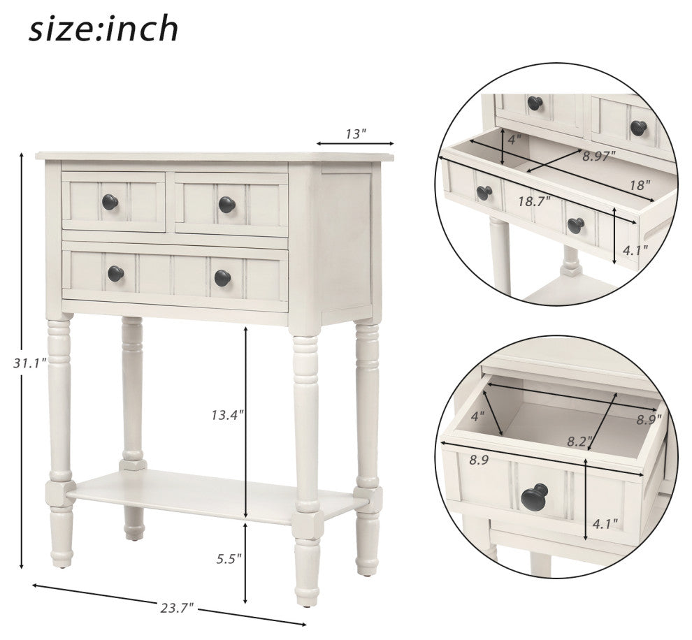 Narrow Console Table with Three Storage Drawers, Ivory