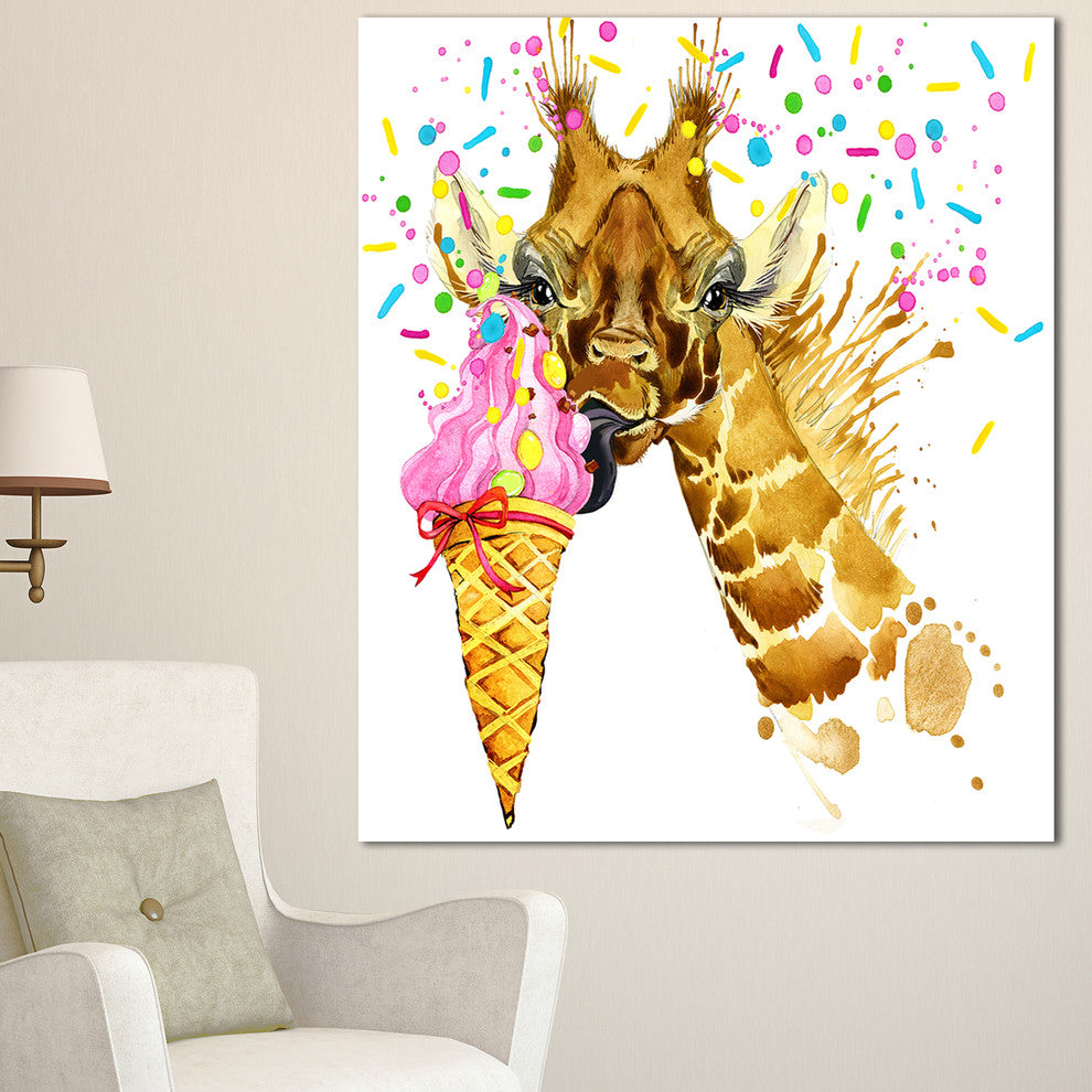 Giraffe Eating Ice Cream Watercolor, Contemporary Animal Art Canvas, 30"x40"