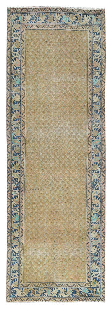 Mocha Brown Vintage Persian Serab Hand Knotted Pure Wool Runner Rug, 3'3"x9'9"