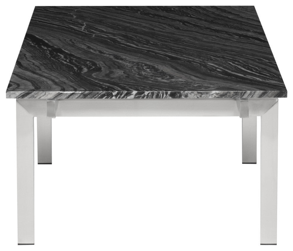 Louve Rectangle Coffee Table, Rectangular Black Marble Top, Brushed Steel Base