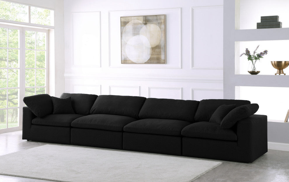 Serene Linen Textured Fabric Deluxe Comfort 4-Piece Modular Sofa, Black