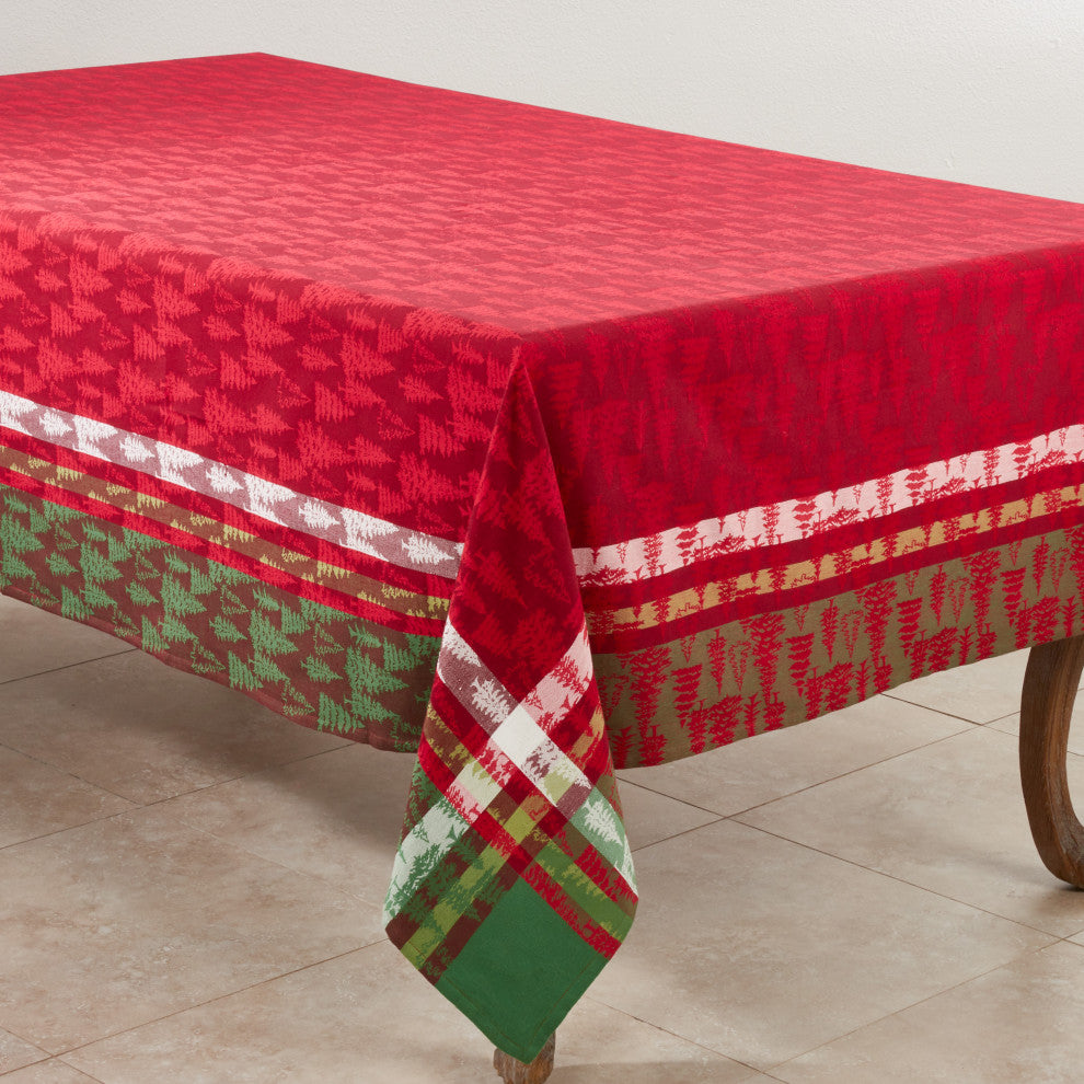 Plaid Christmas Tree Design Pattern Cotton Tablecloth, 65"x140"