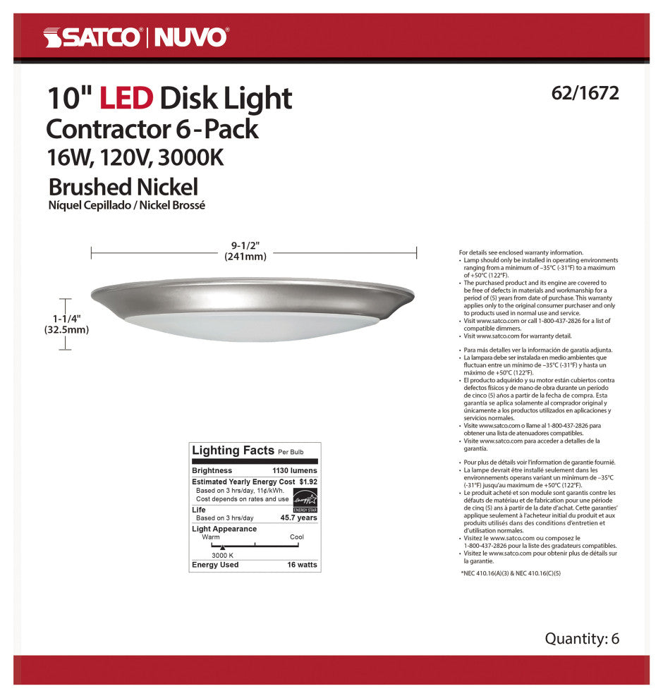 10 inch - LED Disk Light - 3000K - 6 Unit Contractor Pack - Brushed Nickel Finis