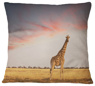 Single Giraffe in Savannah African Throw Pillow, 18"x18"