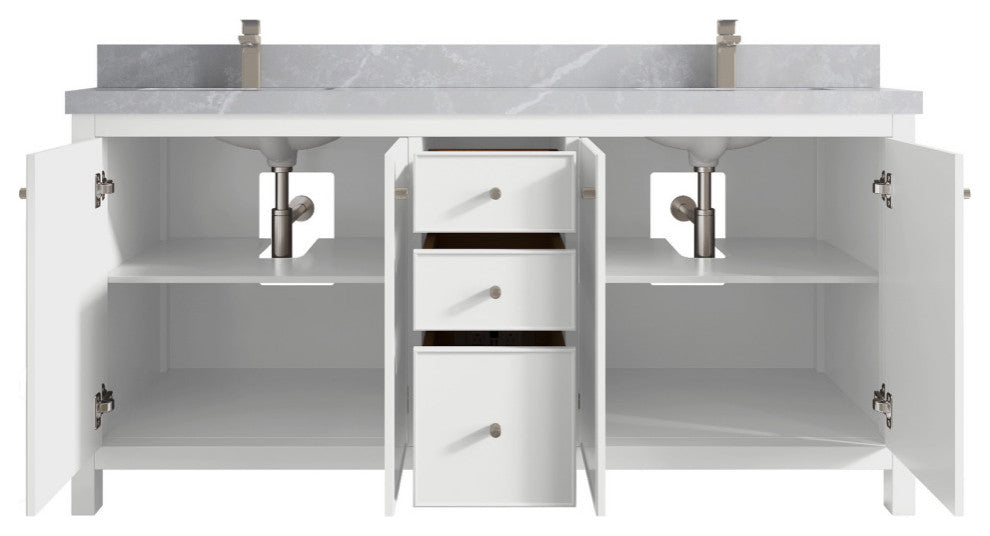 Chicago 72" Double Sink Bathroom Vanity, White 2" Pearl Gray Quartz