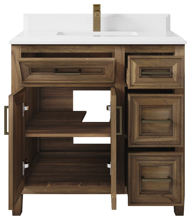 Santa Monica 36 Center Sink Bath Vanity in Graywashed Teak 1.5" White Quartz