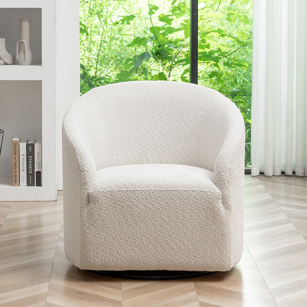 32" Wide Boucle Upholstered Swivel Barrel Chair, White