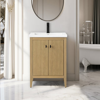 Vanity Art Freestanding Vanity, Natural Oak, 24", Single Sink, Matte Black