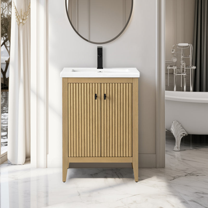Vanity Art Freestanding Vanity, Natural Oak, 24", Single Sink, Matte Black