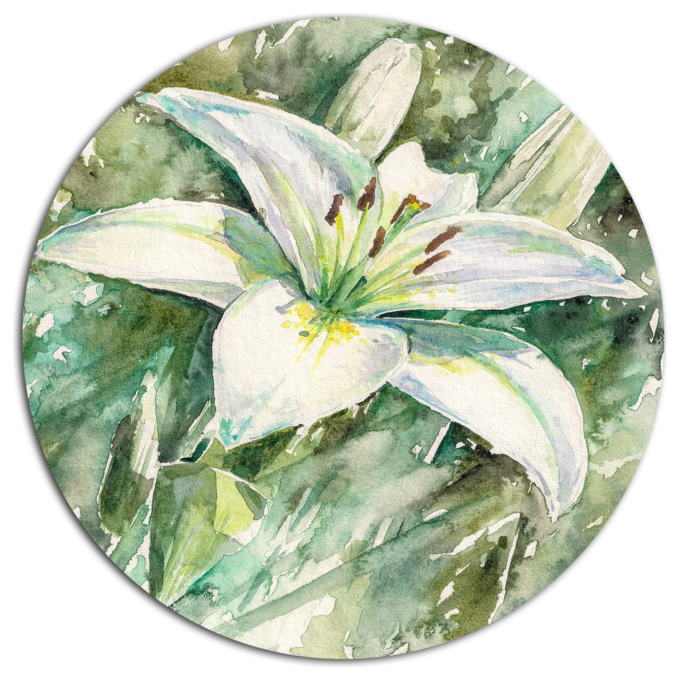 White Lily Painting, Floral Wall Large Disc Metal Wall Art, 23"