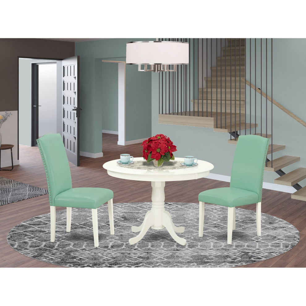 3Pc Round 42" Dining Table, Two Parson Chair, White Leg, Pu Leather Color Pond