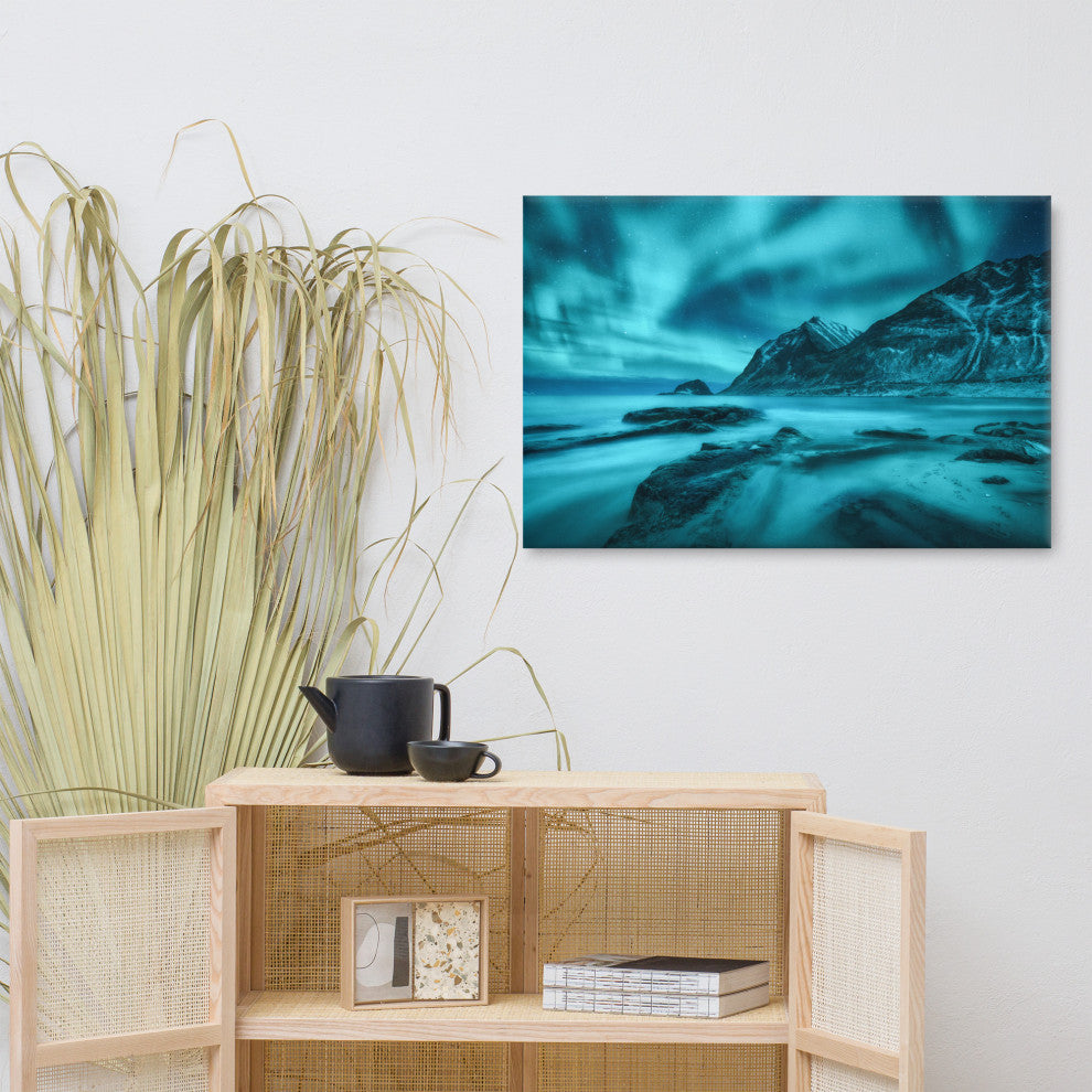 Blue Northern Lights and Mountain Coast Landscape Photo Canvas Wall Art Prints, 24" X 36"