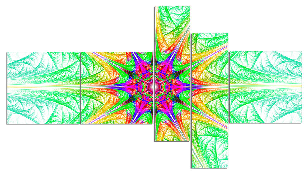 Green Fractal Stained Glass, Abstract Wall Art Canvas, 60"x32", 5 panels