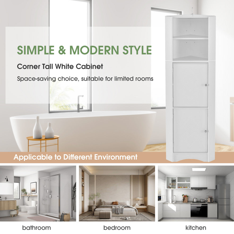 TATEUS Tall Bathroom Corner Cabinet, Freestanding Storage Cabinet With Doors, White