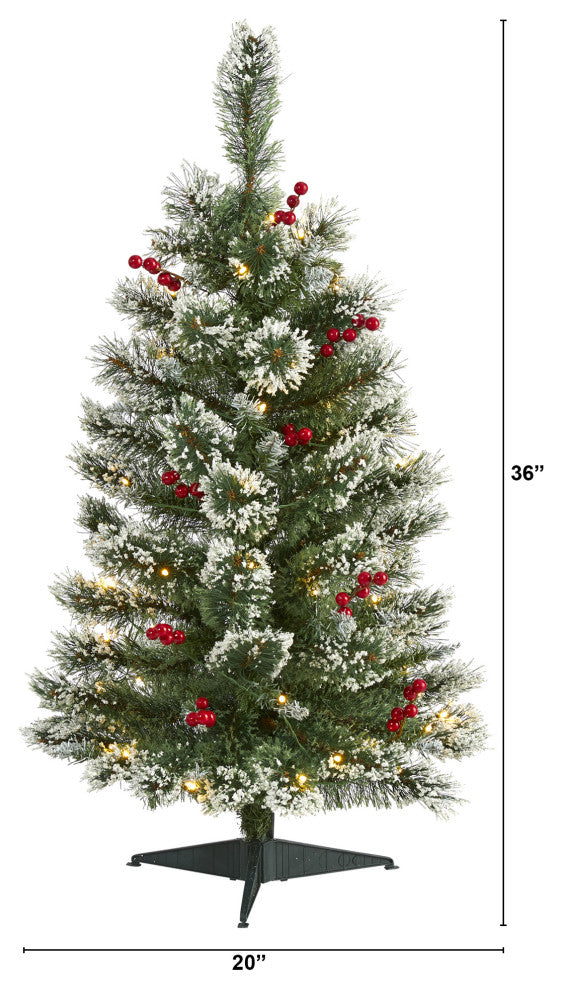 3' Frosted Swiss Pine Faux Christmas Tree With 50 Clear LED Lights and Berries