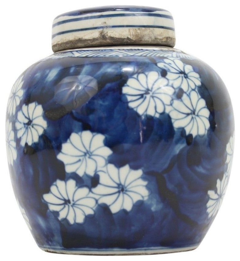 Reverse Blue and White Porcelain Bursting Floral Ginger Jar 6"