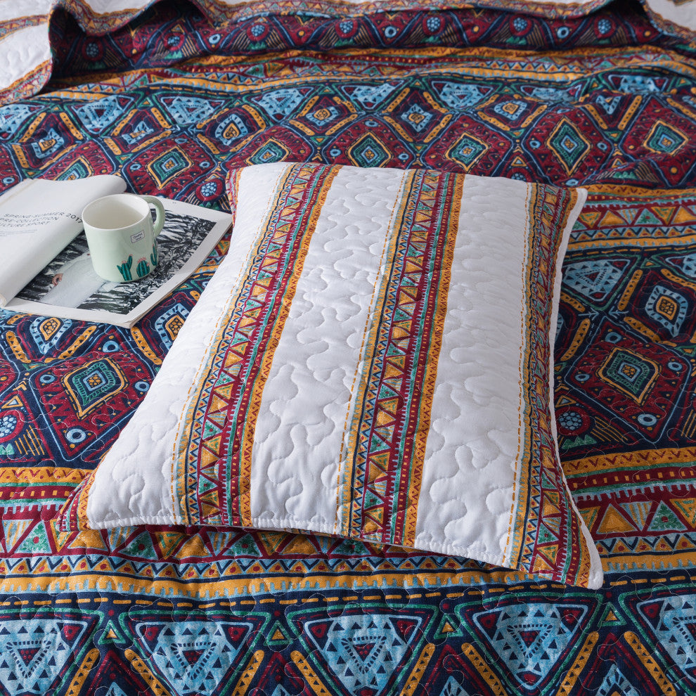 Southwestern Aztec Bohemian Desert Tribal Diamond Colorful Quilted Bedspread Set