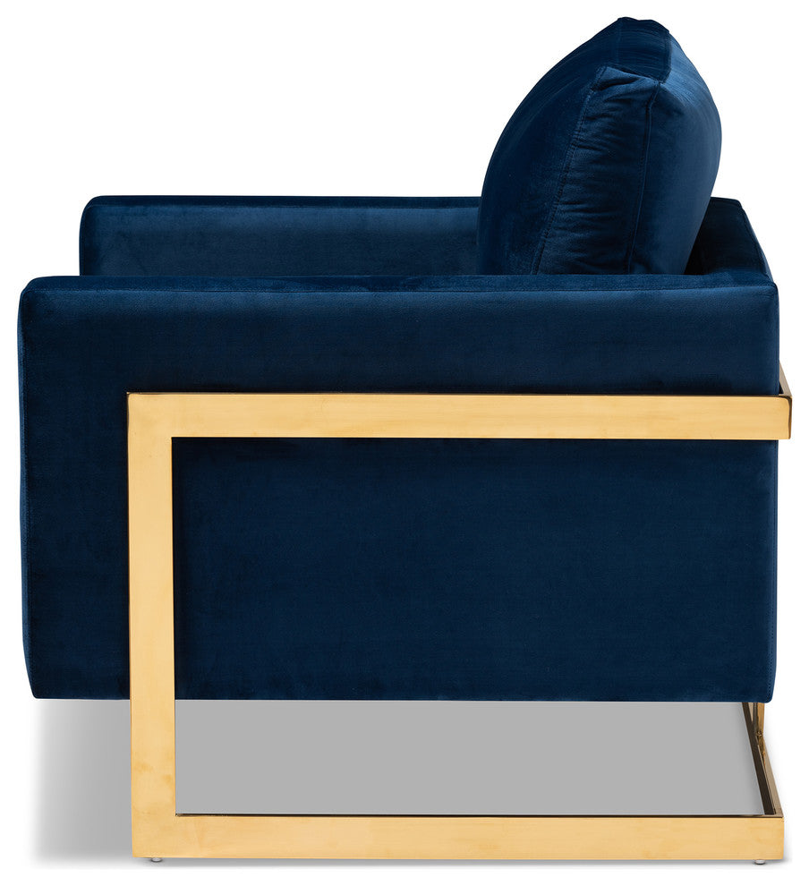 Jezza Glam and Luxe Royal Blue Velvet Fabric Upholstered Gold Armchair
