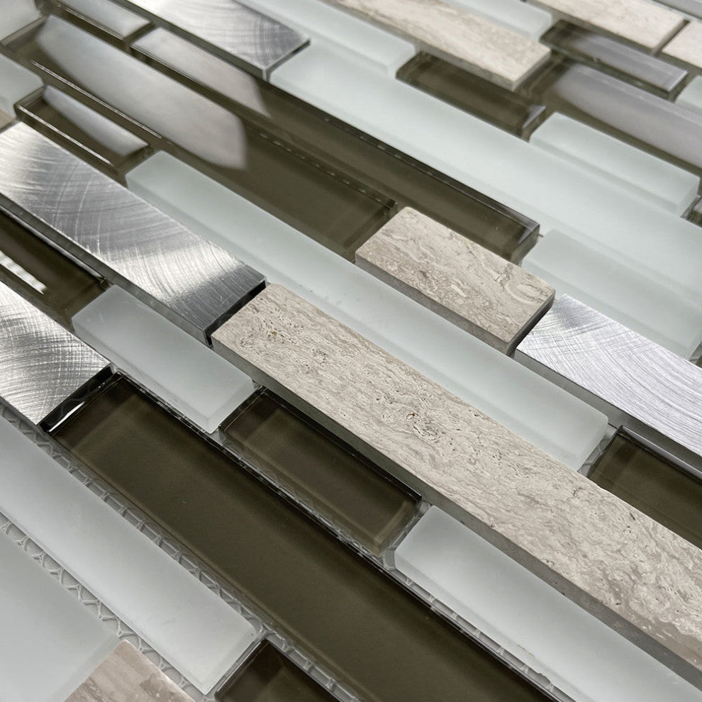 Glass Mosaic Tile Ash Brown White Grey Wood Grain Marble Aluminum, 1 sheet