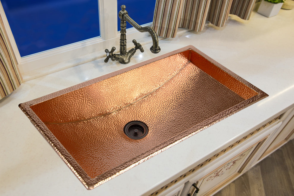 26" Rectangular Curved Bottom Hammered Copper Bathroom Sink, 17 Gauge