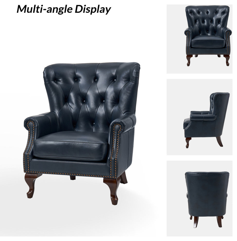Genuine Leather Armchair With Removable Cushion, Navy