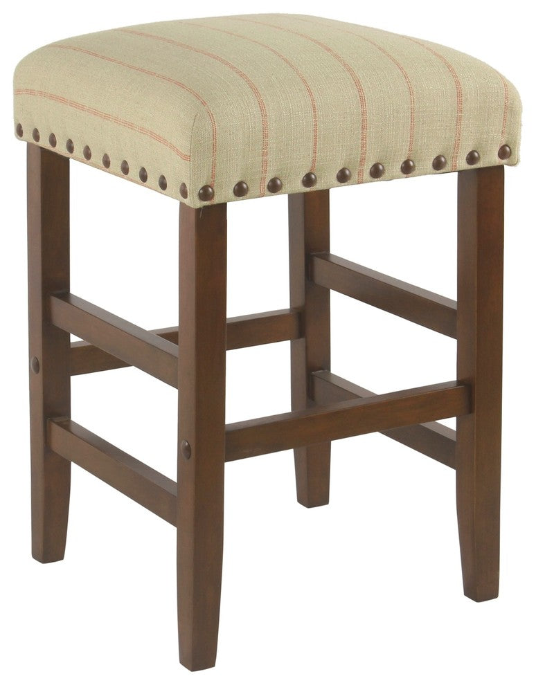 Wooden Counter Stool with Stripe Pattern Fabric Padded Seat, Beige and Brown