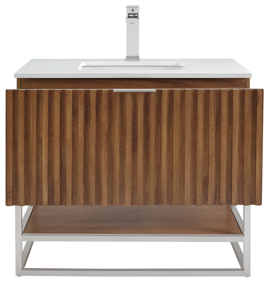 Terra Bathroom Vanity, Walnut/Brushed Nickel, 36", White Quartz Top
