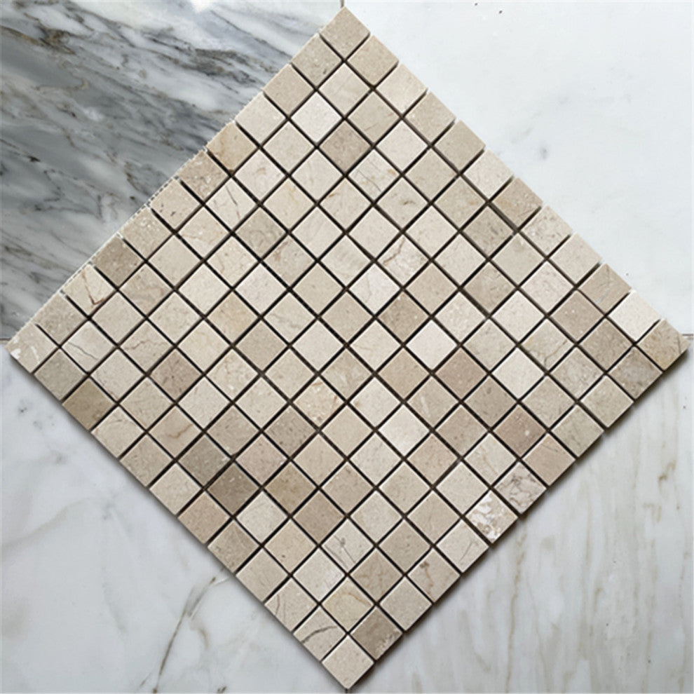Crema Marfil Marble 1" Grid Square Mosaic Bathroom Beige Tile Polished, 1 sheet