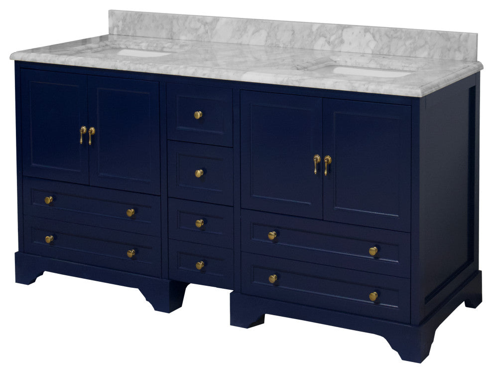 Madison 72" Double Bathroom Vanity, Royal Blue, Carrara Marble