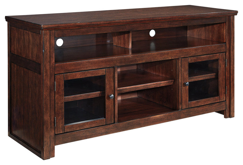Benzara BM194802 Wood TV Stand with 2 Glass Door Cabinets & 1 Shelf, Brown