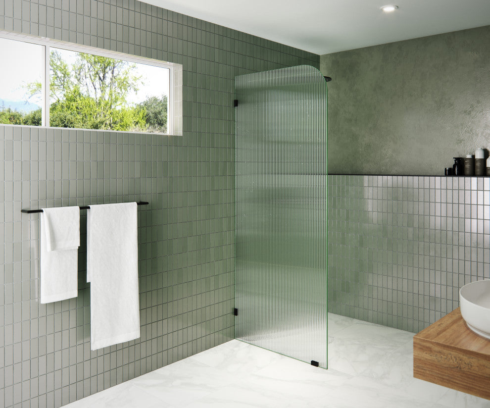 32"x78" Frameless Shower Door, Single Fixed Panel Fluted Radius, Matte Black, 32" Left