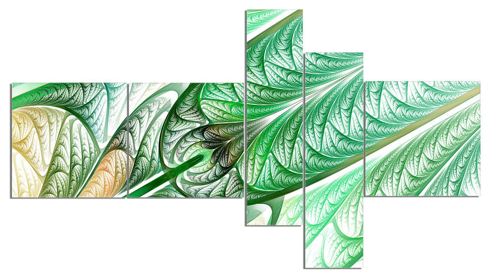 Green on White Fractal Stained Glass, Abstract Wall Canvas, 60"x32", 5 panels