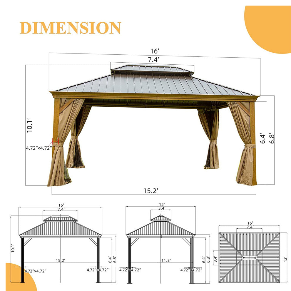 Hardtop Gazebo with Galvanized Steel Double Canopy, Yellow Brown